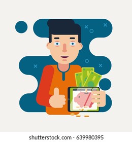 Men holds a tablet with a banking application.. Vector illustration.