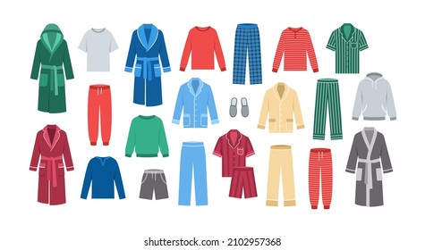 Hombres con ropa de casa. Ilustración vectorial plana. Cómodos sillones, ropa de dormir para llevar en casa, en la cama. Pantalones, camisas, pantalones cortos, pijamas, albornoces, sudaderas, sudaderas, zapatillas