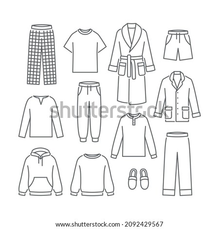 Men home clothes. Simple flat line vector icons. Comfortable loungewear garments to wear at home. Outline symbols of different male pants, shirts, pajamas and bathrobe, cozy sleepwear and slippers