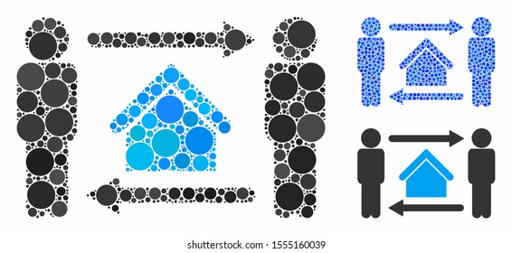Men home exchange mosaic of filled circles in different sizes and color tones, based on men home exchange icon. Vector small circles are combined into blue illustration.