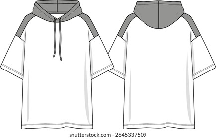 Homens encapuzados T grandes com mangas curtas, inserção de ombro de contraste e capô de contraste, ombro derrubado, cordão, esboço frente e atrás, vetores, noções básicas