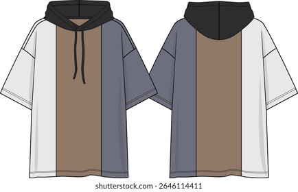 Homens com capuz superior bloco de cor de grandes dimensões, coloração de painéis verticais brancos, marrom e azul, capuz preto, mangas curtas com ombro derrubado, cordão, esboço frente e atrás, vetores, noções básicas