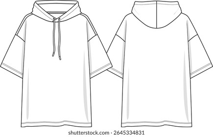 Men hooded top oversized tee with short sleeves, dropped shoulder, drawstring, sketch front and back, vectors, basics