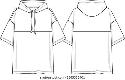Men hooded top oversized tee with short sleeves, dropped shoulder, drawstring, horizontal cut at front and back, sketch front and back, vectors, basics