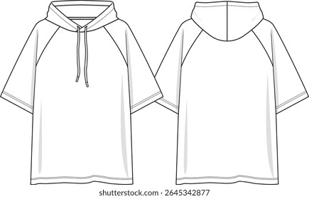 Homens encapuzados top T de grandes dimensões com mangas curtas raglan, capuz com cordão, esboço frente e atrás, vetores, noções básicas