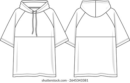 Homens encapuzados top T de grandes dimensões com mangas curtas raglan, corte horizontal no corpo, capuz com cordão, esboço frente e atrás, vetores, noções básicas