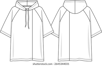 Homens encapuzados top oversize tee com mangas curtas raglan, corte vertical no lado esquerdo do usuário, capuz com cordão, esboço frente e atrás, vetores, noções básicas