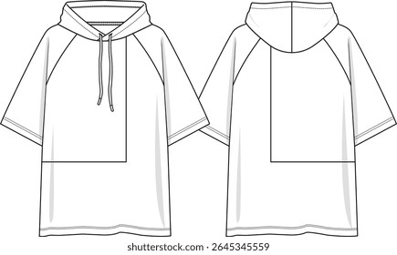 Homens encapuzados top oversize tee com mangas curtas raglan, inserção quadrada no lado direito do usuário, capuz com cordão, esboço frente e atrás, vetores, noções básicas