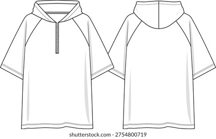 Men hooded top oversized tee with zipper opening at center front neckline, raglan short sleeves, hoodie, sketch front and back, vectors, basics, active, activewear
