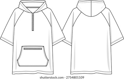 Men hooded top oversized tee with zipper opening at center front neckline, kangaroo pocket with zipper pocket at top, raglan short sleeves, hoodie, sketch front and back, vectors, basics, active, activewear
