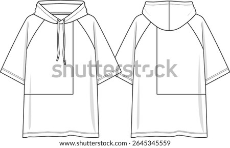 Men hooded top oversized tee with raglan short sleeves, square insert at wearer right side, hoodie with drawstring, sketch front and back, vectors, basics