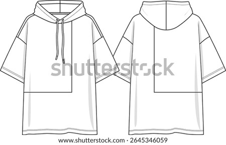 Men hooded top oversized tee, square cut on wearer left side, short sleeves with dropped shoulder, drawstring, sketch front and back, vectors, basics