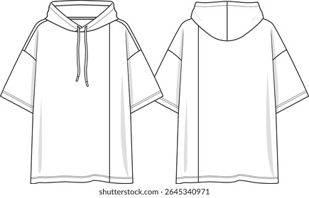 Homens encapuzados top oversize, corte vertical no corpo do lado esquerdo do usuário, mangas curtas com ombro derrubado, cordão, esboço frente e atrás, vetores, noções básicas