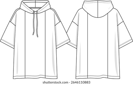Homens encapuzados top oversize, cortes verticais, painéis verticais na frente e atrás, mangas curtas com ombro derrubado, cordão, esboço frente e atrás, vetores, noções básicas