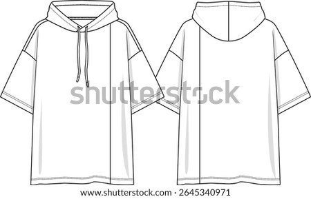 Men hooded top oversized, vertical cut on wearer left side body, short sleeves with dropped shoulder, drawstring, sketch front and back, vectors, basics