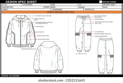 MEN HOODIE FULL ZIPPER WITH TRACK PANT SET DRESS FLAT SKETCH FASHION TEMPLATE TECHNICAL DRAWING ILLUSTRATION