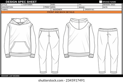 MEN HOODIE WITH JOGGER FLAT SKETCH FASHION TEMPLATE TECHNICAL DRAWING ILLUSTRATION