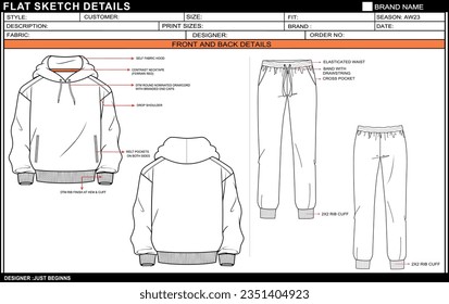 MEN HOODIE WITH JOGGER SET DRESS FLAT SKETCH FASHION TEMPLATE TECHNICAL DRAWING ILLUSTRATION