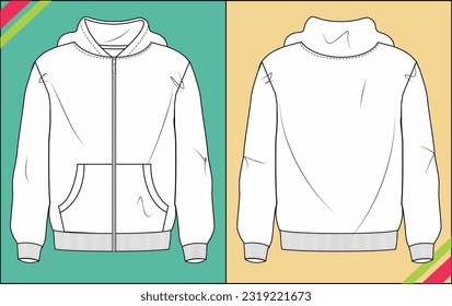 MEN HOODIE WITH KANGAROO POCKET TEE FLAT SKETCH FASHION TEMPLATE TECHNICAL ILLUSTRATION
