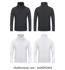 Men hoodie or kangaroo sweatshirt without hood, vector black and white mockup template collar on drawstrings and side pocket. Pullover hoodie mockup, menswear casual apparel and sportswear clothing