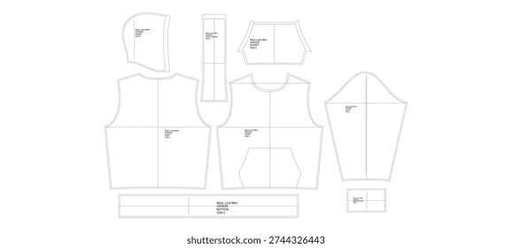 Men Hoodie Sewing Pattern Template Technical Drawing