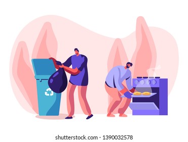 Men at Household Activities. Male Characters Cleaning Home. Cooking Bakes in Oven, Throw Garbage into Recycling Container. Housekeeping Management of Duties and Chores Cartoon Flat Vector Illustration