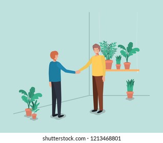 men with houseplants in shelf