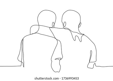 Men hug. One continuous line drawing of friends who are hugging around the neck. Vector illustration with a hug can be used for animation.