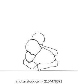 men hugging - one line drawing vector. concept of friendly hug after long breakup, to comfort,  to calm the crying