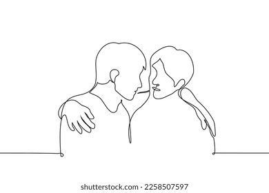 hombres abrazando hombros - un vector de dibujo de una línea. soporte de amistad de concepto, ayuda, cuidado