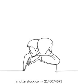 men hugging tightly - one line drawing vector. concept of emotional support, long-awaited meeting, farewell, hugging friends, brothers (family) or lovers