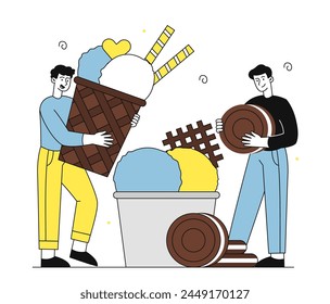 Men with ice cream linear. Young guys with cookies and balls. Dessert and delicacy for summer season. Gelato for hot weather. Doodle flat vector illustration isolated on white background