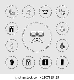 Men icon. collection of 13 men filled and outline icons such as pants, mustache and glasses, jacket, hoodie, male, man going up. editable men icons for web and mobile.