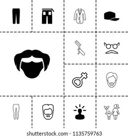 Men icon. collection of 13 men filled and outline icons such as pants, user bulb, man hairstyle, female, baseball cap, bllade razor. editable men icons for web and mobile.