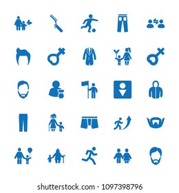 Men icon. collection of 25 men filled icons such as man hairstyle, male wc, man underwear, pants, mother and son, female, jacket. editable men icons for web and mobile.