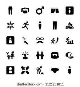 Men icon. collection of 25 men filled icons such as woman wc, man, man hairstyle, man underwear, pants, baseball cap, family, roundelay. editable men icons for web and mobile.