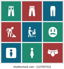 Men icon. collection of 9 men filled icons such as woman, man underwear, pants, male wc, digging man, father with not in shopping cart. editable men icons for web and mobile.