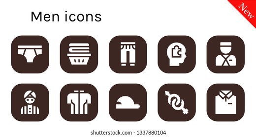 men icon set. 10 filled men icons.  Collection Of - Underwear, Clothes, Sweatpants, Head, Bellboy, Man, Tshirt, Baseball cap, Gender, Shirt