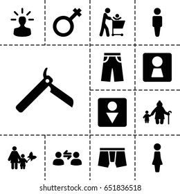 Men icon. set of 13 filled menicons such as woman wc, man, woman, bllade razor, male wc, man underwear, pants, male, user bulb, user communicatrion, mother and son