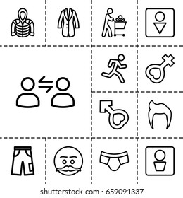 Men icon. set of 13 outline menicons such as man wc, man hairstyle, male wc, pants, hoodie, female, male, jacket, user communicatrion, emot with mustache