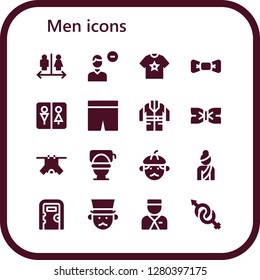 men icon set. 16 filled men icons. Simple modern icons about  - Wc, Remove user, Shirt, Bow tie, Shorts, Jacket, Clothes, Toilet, Man, Woman, Public toilet, Gentleman, Bellboy