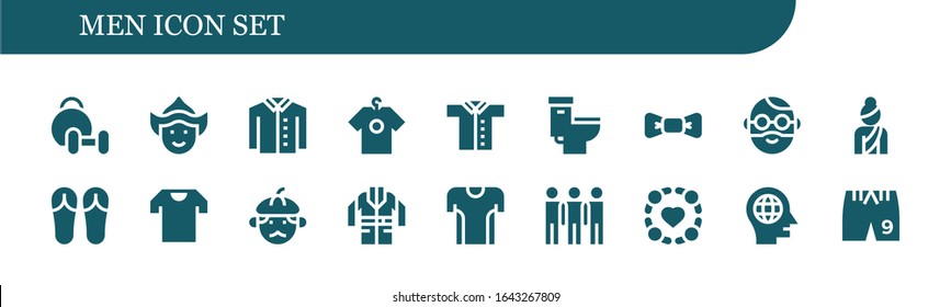 men icon set. 18 filled men icons. Included Weightlifting, Woman, Shirt, Toilet, Bow tie, Man, Sandals, Jacket, Tshirt, Group, Head, Shorts icons