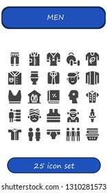 men icon set. 25 filled men icons.  Simple modern icons about  - Sweatpants, Shirt, Clothes, Weightlifting, Tshirt, Toilet, Woman, Cardigan, Tank top, Family, Account, Head, People