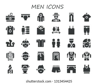 men icon set. 30 filled men icons.  Simple modern icons about  - Bathroom, Underwear, Hoodie, Invisible man, Jeans, Shirt, People, Wc, Tank top, Pants, Bench press, Man, Toilet