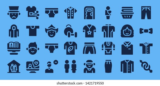 men icon set. 32 filled men icons. on blue background style Collection Of - Gentleman, Hoodie, Recruitment, Family, Shirt, Man, Videocall, Underwear, Woman, Remove user, Tshirt