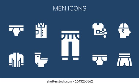 men icon set. 9 filled men icons.  Simple modern icons such as: Sweatpants, Toilet, Shirt, Jacket, Underwear, Shorts, Human