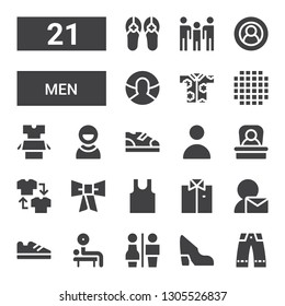 men icon set. Collection of 21 filled men icons included Trousers, Shoe, Restrooms, Weightlifting, Shoes, User, Shirt, Sleeveless, Bow tie, Boss, Boots, Clothes, Cloth, Family