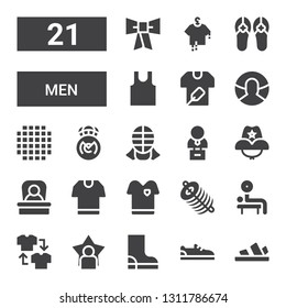 men icon set. Collection of 21 filled men icons included Sandals, Shoe, Boot, User, Shirt, Weightlifting, Dung, Tshirt, Boss, Cowboy hat, Bust, Kendo, Real madrid, Cloth, Sleeveless