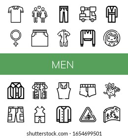 men icon set. Collection of Polo shirt, Female, Heterosexual, Skirt, Jeans, Neoprene, Lifter, Sweatshirt, Coat, Woman, Clothes, Shorts, Sleeveless shirt, Cardigan, Short icons