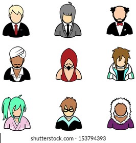 Men icon set in different fashion style and race  , create by vector